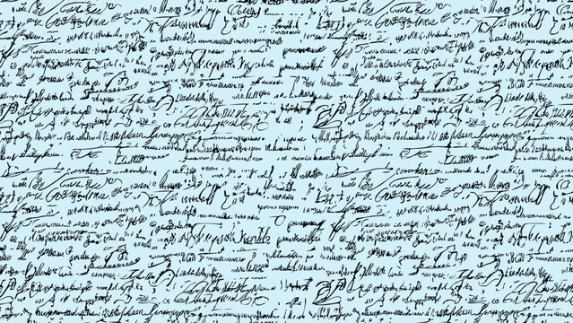 Seamless blue pattern of abstract illegible handwritten text. Vintage grunge calligraphy script, old book document. Vector illustration of monochrome unreadable handwriting cursive poetry