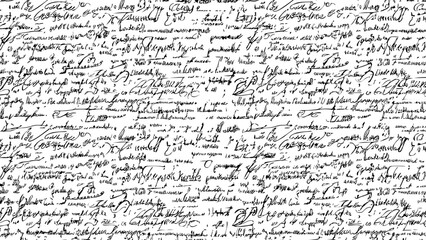 Seamless white pattern of abstract illegible handwritten text. Vintage grunge calligraphy script, old book document. Vector illustration of monochrome unreadable handwriting cursive poetry