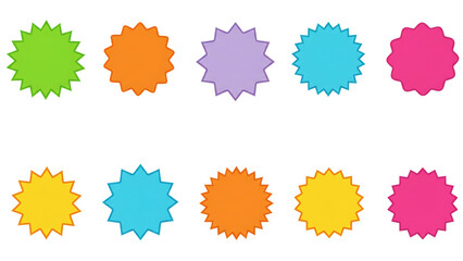 A collection of colorful starburst designs arranged in a grid formation. Each starburst displays a different color, creating a visually appealing arrangement.  transparent background