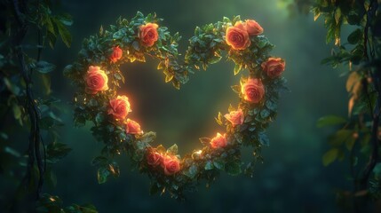 Glowing rose heart wreath amidst lush greenery and soft ambient light