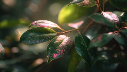 Close-up of vibrant leaves with pink speckles