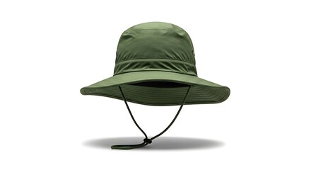 A close-up studio shot of a green outdoor sun hat, isolated on white.
