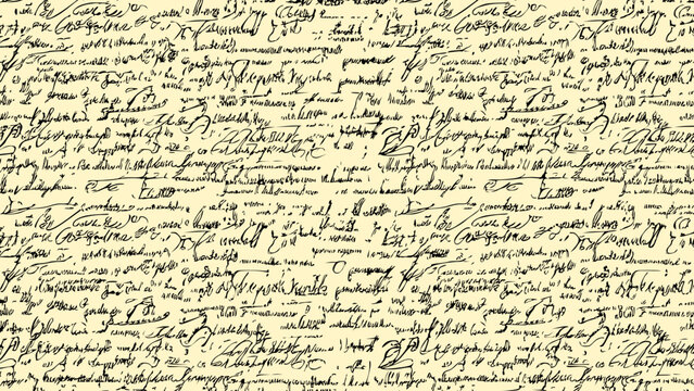 Seamless blue pattern of abstract illegible handwritten text. Vintage grunge calligraphy script, old book document. Vector illustration of monochrome unreadable handwriting cursive poetry