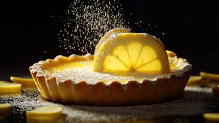 A delicate lemon tart with a sparkling sugar shower