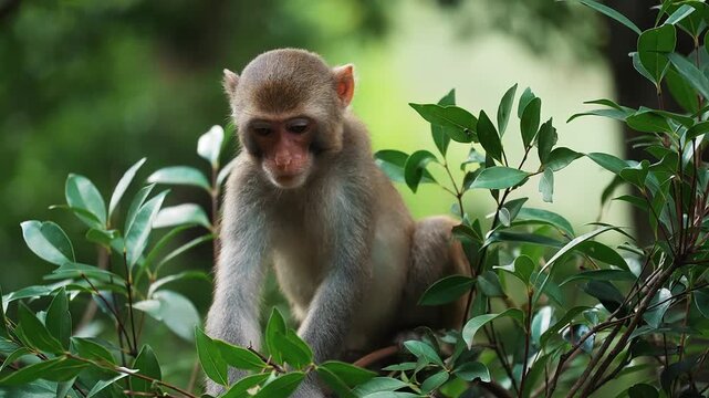 A young monkey jumping up from a branch.