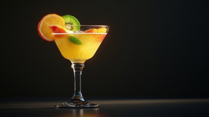 Elegant cocktail with fruit garnish against a dark, dramatic background