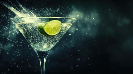 Martini glass with lime slice and water splashes against dark background