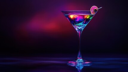 Vibrant cocktail in martini glass with cherry garnish, illuminated by neon lights on a dark background