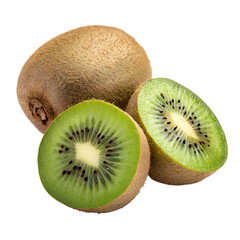 Obraz premium Whole kiwi fruit and two fresh cut halves are isolated on transparent background, showing vibrant green flesh and small black seeds.