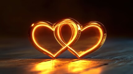 Intertwined golden hearts lit by fiery glow