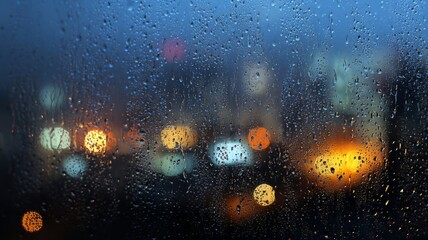 Obraz premium Raindrops on window overlooking city lights at night. Artificial intelligence image