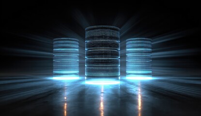 Three glowing cylindrical data storage units in a dark, futuristic setting