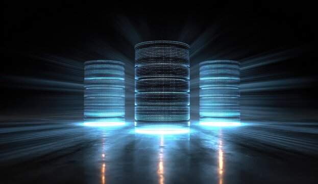 Three glowing cylindrical data storage units in a dark, futuristic setting