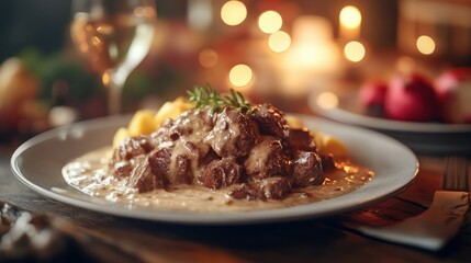 Creamy beef stew with mashed potatoes romantic dinner setting