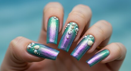 Obraz premium Woman's hand with beautiful iridescent mermaid-themed nail art design with pearls and shells