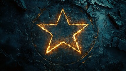 Glowing star etched in dark stone, ancient symbol with fiery outline and textured surface