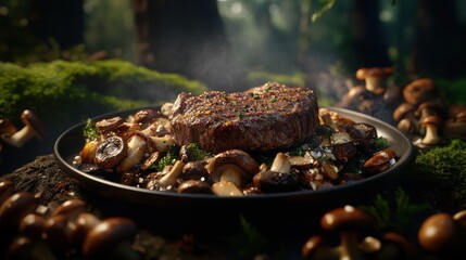 Gourmet steak and mushroom dish presented in a forest setting with steam