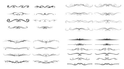 Obraz premium Set of vintage decorative divider ornaments in elegant line art style. Classic flourishes, swirls, and ornate design elements for invitations or decoration.