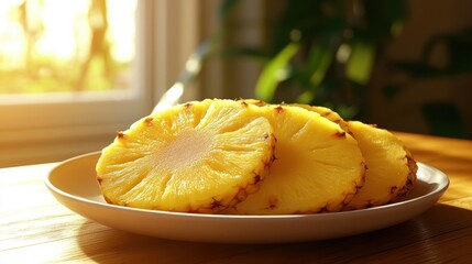 Sliced pineapple on a plate, bathed in warm sunlight, close-up view