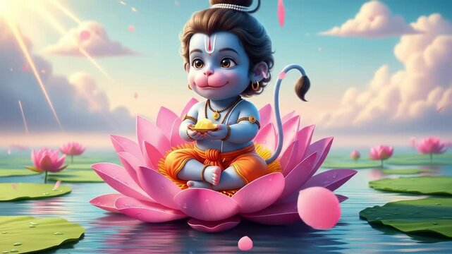 Adorable Baby Hanuman Seated on Lotus Flower Digital Illustration of Hindu Deity for Children s Books, Religious Art, and Festive Celebrations
