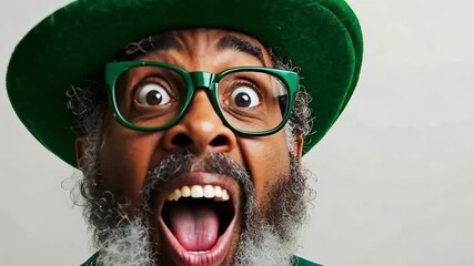 An elderly african man with a gray beard and glasses wears a green suit and hat. He has an expressive, surprised facial expression. - Powered by Adobe
