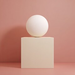Cream sphere on cream cube against rose background