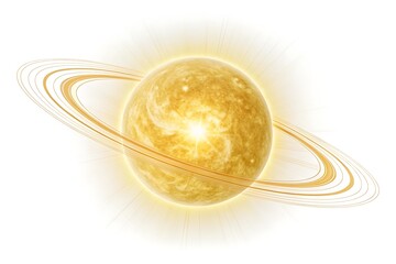 Glowing yellow planet with rings in deep space