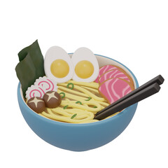 A bowl of ramen noodles garnished with slices of pork, boiled eggs, mushrooms, seaweed, and kamaboko (fish cake), served with chopsticks.