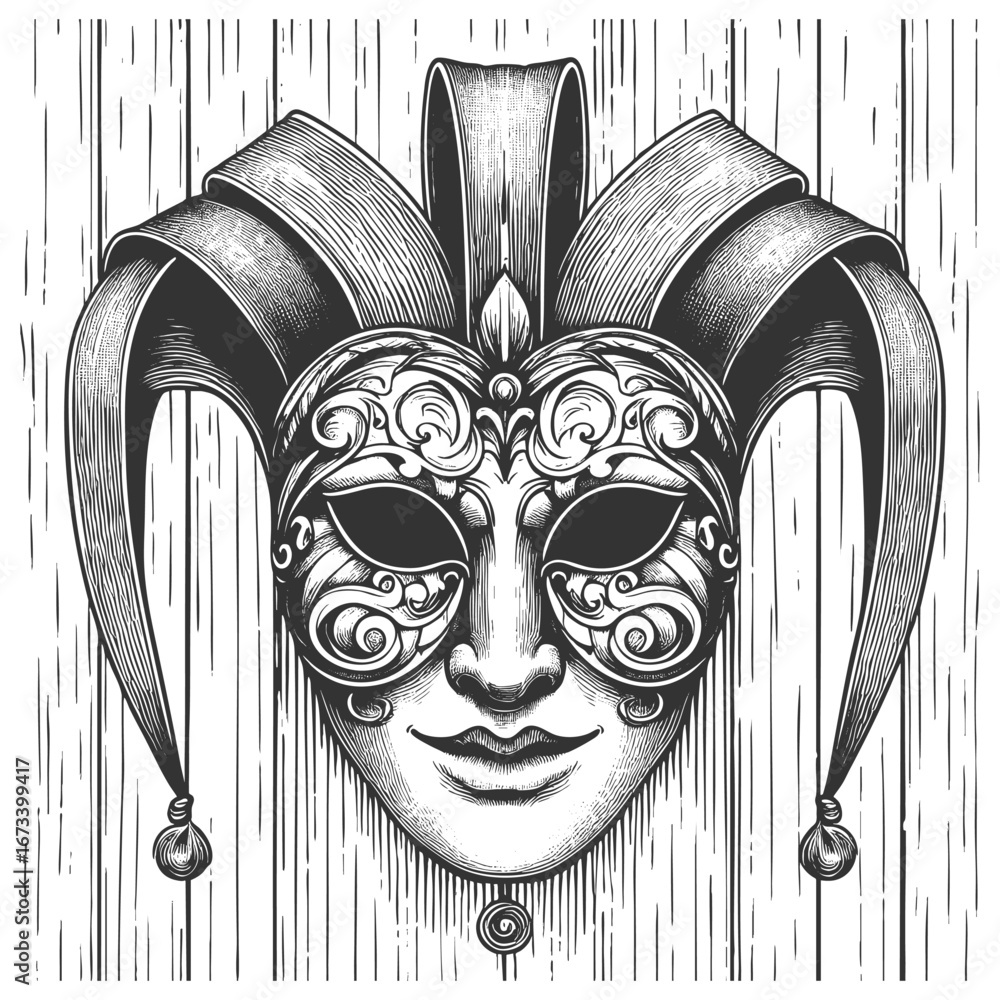 Poster elaborate jester mask with intricate scroll patterns, bells, and a mysterious carnival feel sketch e