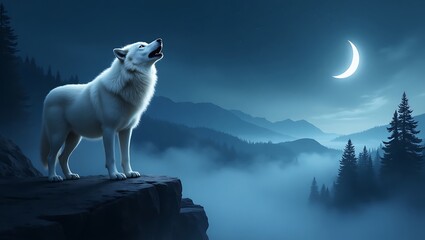 White wolf howling at the moon majestic animal in nature landscape night scene wildlife photography art