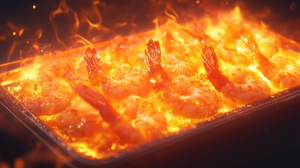Flaming shrimp sizzle on a tray, intense culinary image