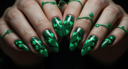 Fantasy-inspired green vine and leaf manicure on long stiletto fingernails
