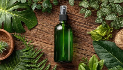 Green spray bottle surrounded by greenery on rustic wood