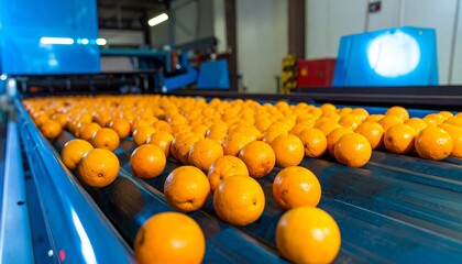 Fresh oranges on a factory conveyor belt