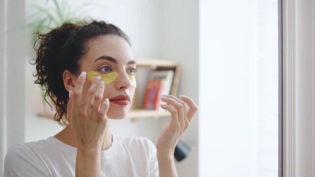 Woman applying under-eye patches while looking in a mirror at home in a bright, modern bathroom in the afternoon