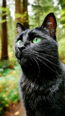 Black Cat With Green Eyes In Forest Setting