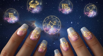 Mystical beauty concept with zodiac nail art and starry horoscope signs in the background