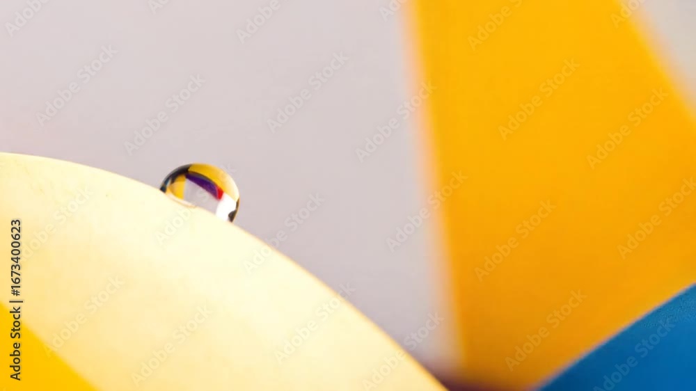 Poster water drop on yellow surface reflecting abstract red white and blue background pattern in a macro st