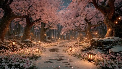 Obraz premium Snowy cherry blossom path at night