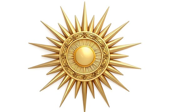 Ornate golden sunburst emblem with central orb and intricate ring detail
