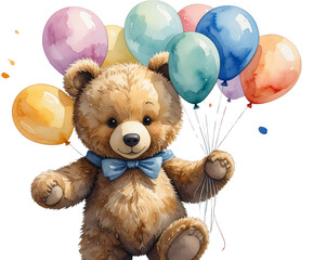 Watercolor Teddy Bear with Balloons, hand-painted artistic style, isolated on transparent background