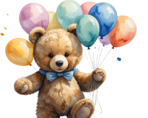Watercolor Teddy Bear with Balloons, hand-painted artistic style, isolated on transparent background