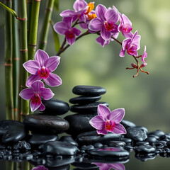 Fototapeta premium composition bamboo-purple orchid-black stones