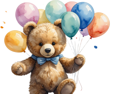 Watercolor Teddy Bear with Balloons, hand-painted artistic style, isolated on transparent background