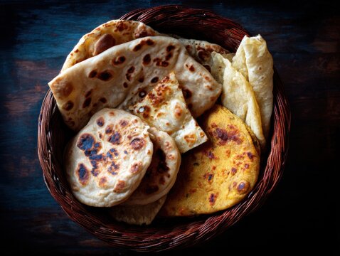 Assorted Indian Flatbreads in Wicker Basket - Naan, Roti, Paratha, and Makki di Roti on Dark Wood Background