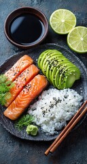 Overhead shot of salmon, avocado, and rice