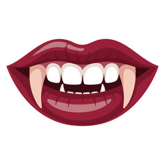 Naklejka premium Open vampire mouth with red lips and white fangs isolated on white background, flat vector illustration symbol of Halloween, horror, monster, spooky design and fantasy themed scary visuals style