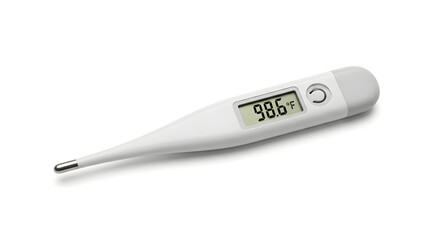 Accurate digital medical thermometer displaying a normal body temperature of 98.6 degrees Fahrenheit, essential for health monitoring and fever detection