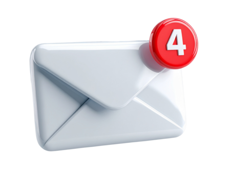  3D Glossy Envelope with Floating Number Badge, angled perspective, isolated on transparent background