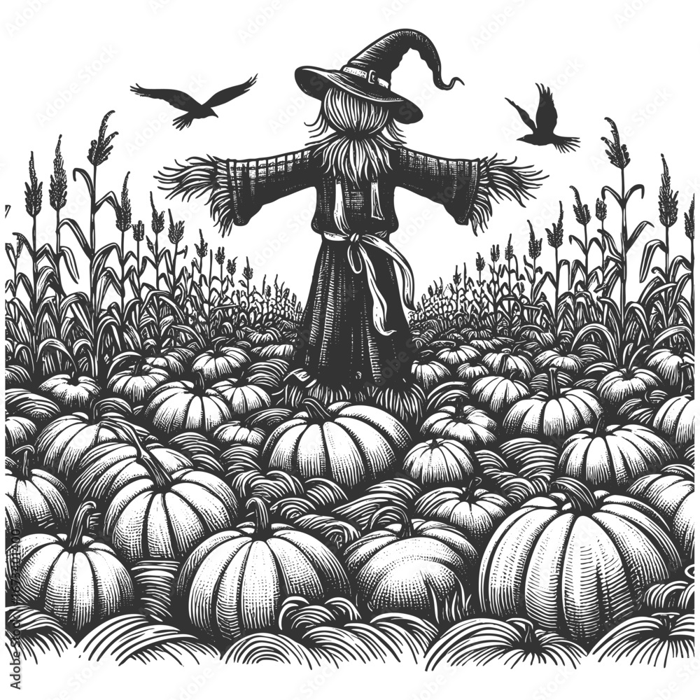 Poster scarecrow with a witch hat standing in a pumpkin field sketch engraving generative ai vector illustr